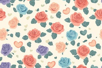 A seamless pattern featuring vibrant roses in shades of red, pink, blue, and purple, complemented by soft green leaves and subtle heart accents.