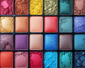 Fototapeta premium Colorful eyeshadow palettes in an array of shades, neatly arranged, demonstrating the beauty and diversity of makeup options, generative AIinspired design for cosmetics