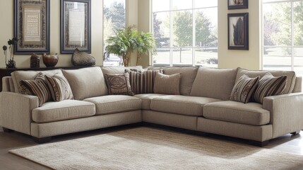 Fototapeta premium A contemporary sectional sofa in a clean living room with neutral tones and decorative plants.