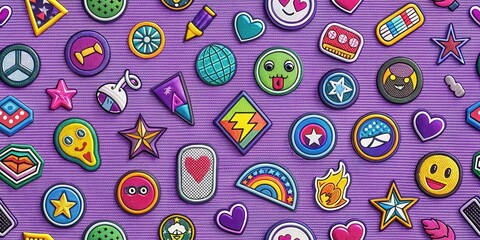 Naklejka premium Vibrant Colorful Patches Arranged on a Purple Textured Background