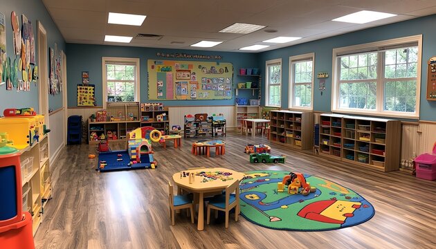Daycare classroom without children or teacher, featuring playful and colorful furniture, educational tools, and a cozy, stimulating environment for young learners