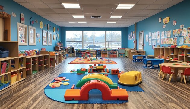 Daycare classroom without children or teacher, featuring playful and colorful furniture, educational tools, and a cozy, stimulating environment for young learners