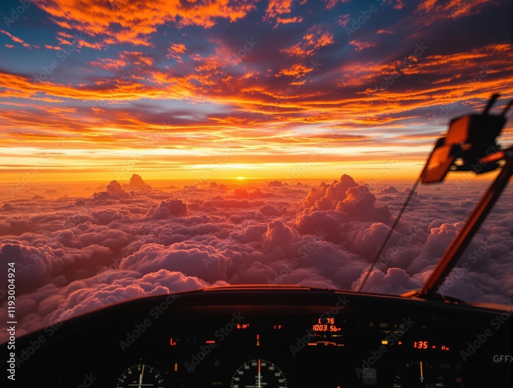 Poster the view from the cockpit of an airplane, looking out over a dramatic sunrise with vibrant colors an