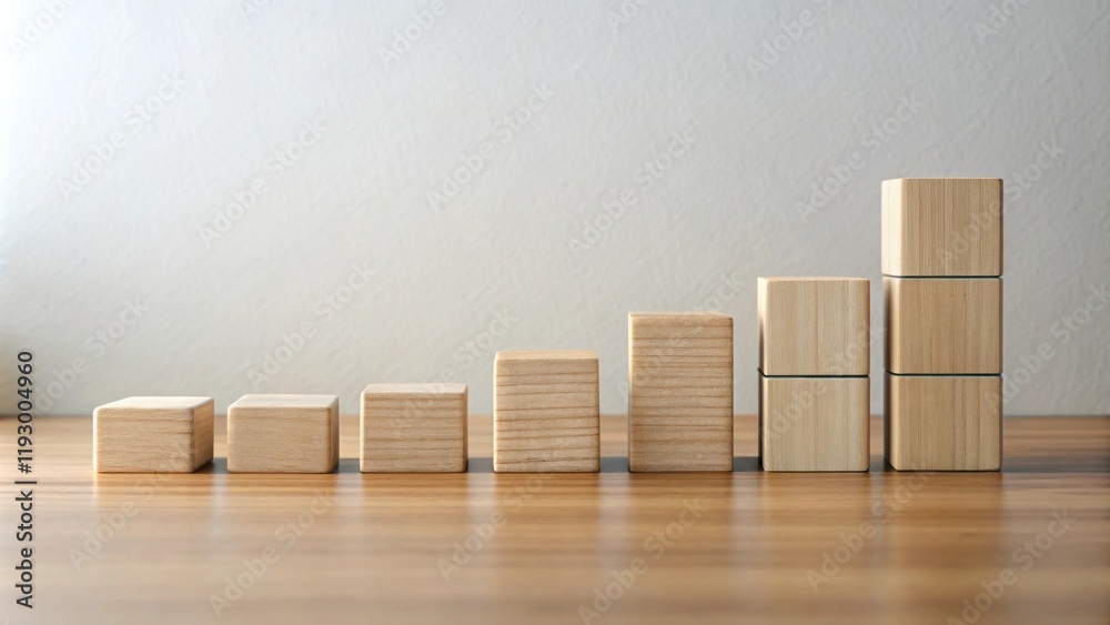 Poster wooden blocks ascending in size on a tabletop, representing growth and progress