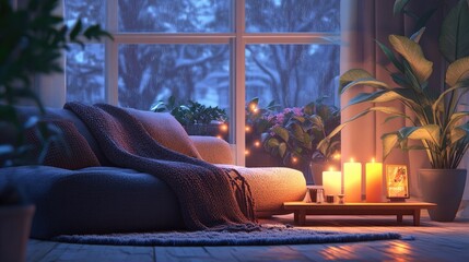 Obraz premium A cozy living room featuring a plush sofa, a soft blanket, and a minimal coffee table.