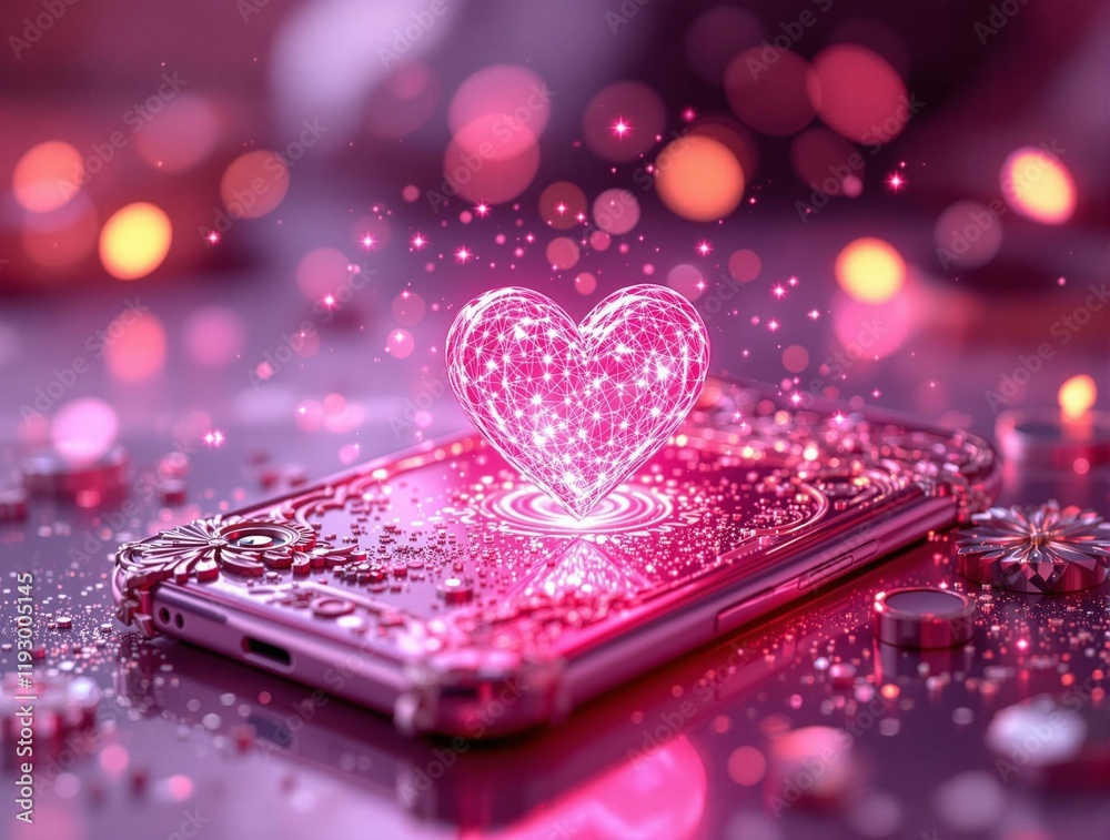 Aufkleber smartphone with a heart symbol on its screen, surrounded by a bokeh effect with colorful lights in the background.