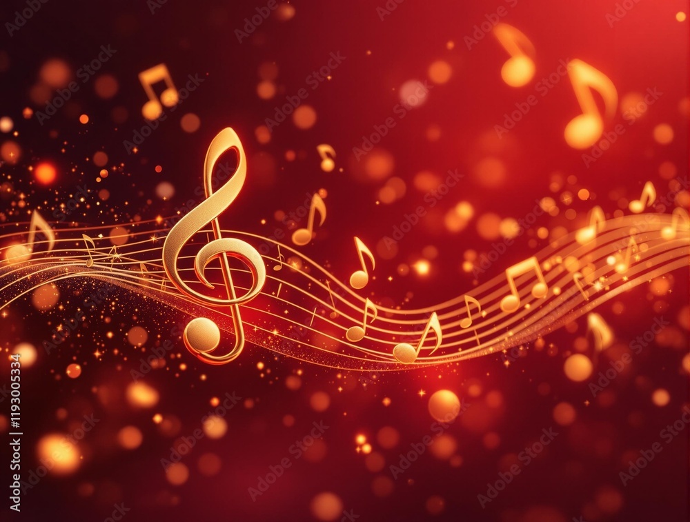 Fototapete vibrant and creative composition featuring a wave of musical notes in gold color on a red background