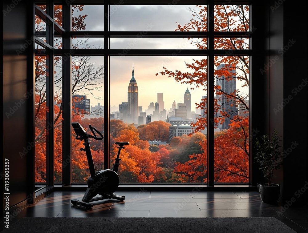 Poster stationary bike positioned in front of a large window with a view of a city skyline during autumn. t