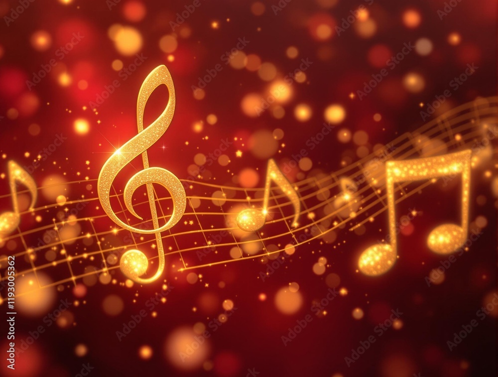 Poster vibrant musical background with golden musical notes and a treble clef, set against a red and orange