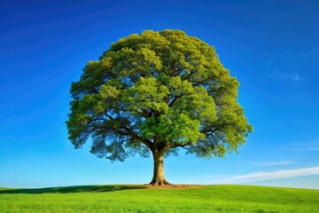 A majestic tree with visible growth rings in shades of brown and white, standing alone against a clear blue sky, outdoor photography, growth