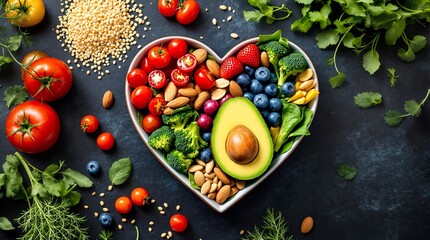 Heart-shaped bowl with fresh fruits, vegetables, and whole grains promoting heart health and wellness