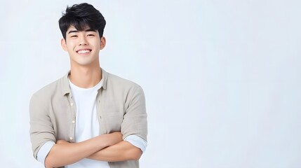 Naklejka premium Confident young Asian man in casual outfit stands against blank white wall for modern portrait