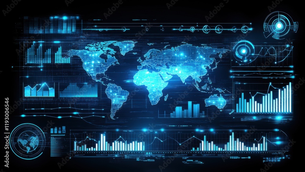 Poster futuristic digital world map with data visualization charts and graphs representing global statistic