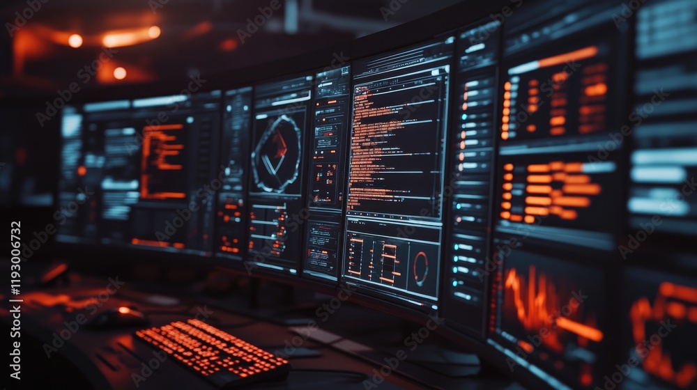 Poster a futuristic control room with advanced monitoring systems for real-time cyber analysis.