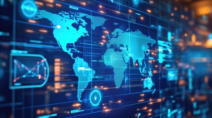 Obraz premium A futuristic analytics lab with interactive maps and real-time cyber attack tracking.