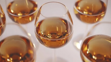 A collection of wine glasses filled with amber liquid arranged artistically.