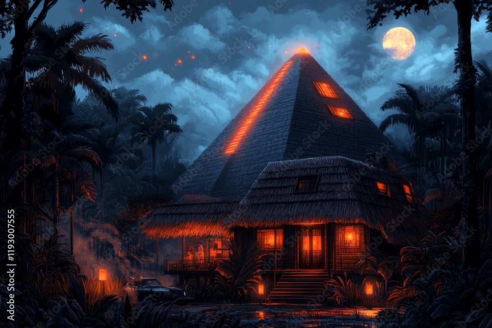 Poster a pixel art depiction of the pyramid of the magician, surrounded by animated jungle elements and glo
