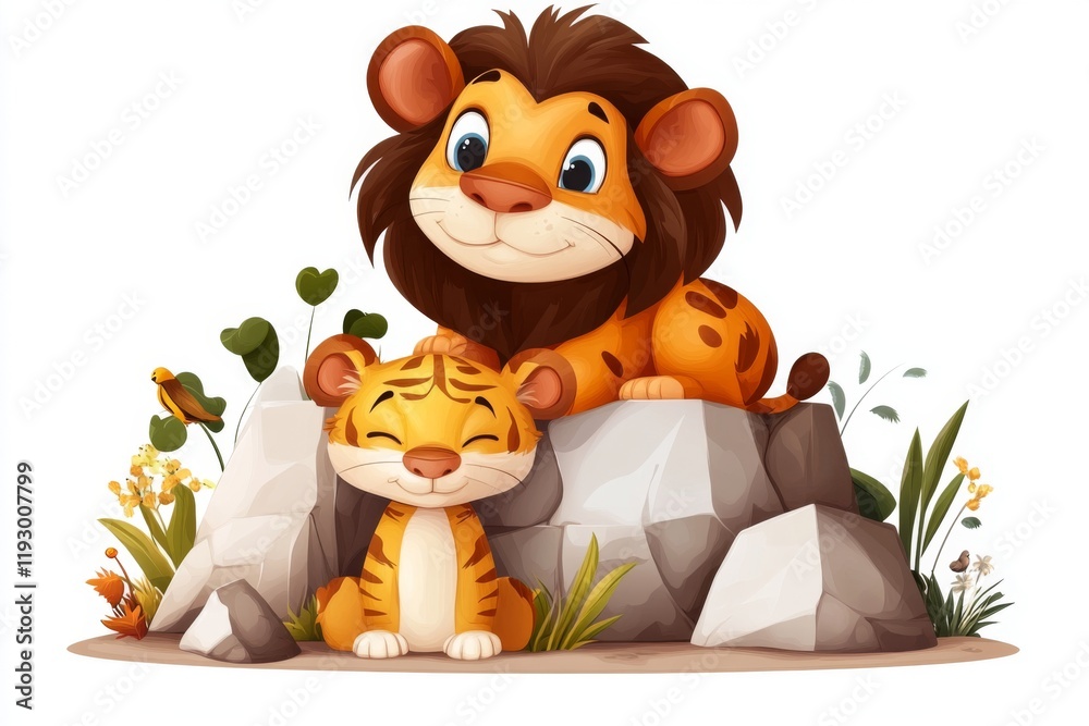 Poster a playful 2d cartoon of the pyramid of the magician with animated jungle animals exploring the surro