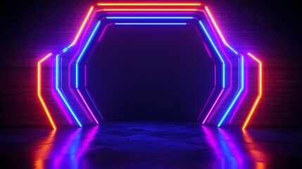 Irregular Hexagonal Neon Frame Casting Subtle Reflections on Glossy Dark Surface