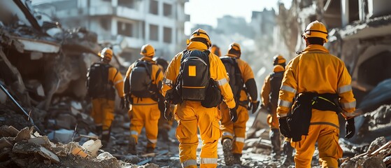 Rescue team in yellow and orange uniforms walking through earthquake ruins, navigating rubble, showcasing bravery, disaster response, and emergency relief efforts
