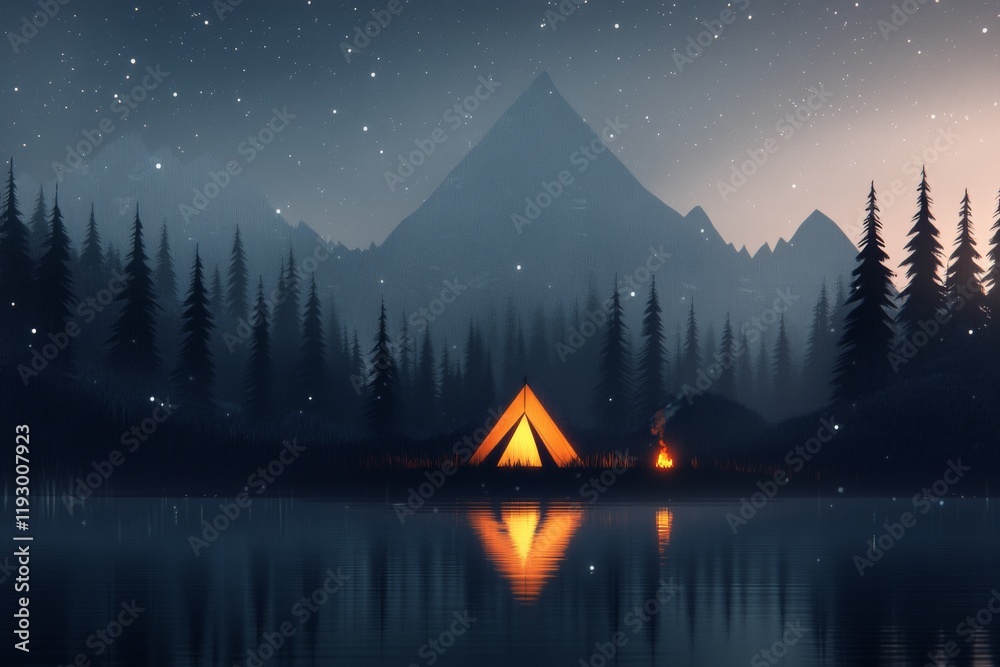 Poster a playful 2d depiction of a camper tent set up in the utah wilderness, with mountains and a glowing 