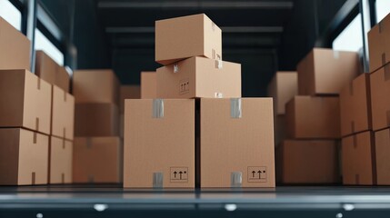 Movers organizing and stacking cardboard boxes in a warehouse or storage facility for efficient transport