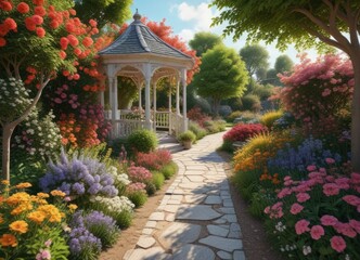 Fototapeta premium A narrow winding garden path lined with blooming flowers and shrubs that leads to a small gazebo, nature, garden paths