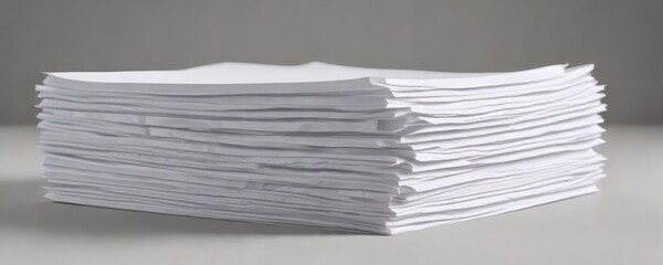 A neatly stacked pile of plain white paper sheets on a light grey textured surface , white, stack, neutral