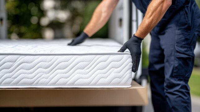 Man in blue uniform cleaning mattress and movers unloading mattress from truck in residential area