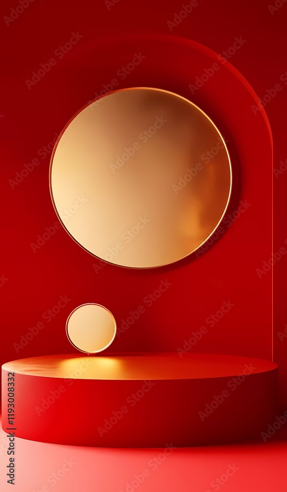 Poster 3d rendering of a red background with a podium for product display presentation mockup. abstract geo