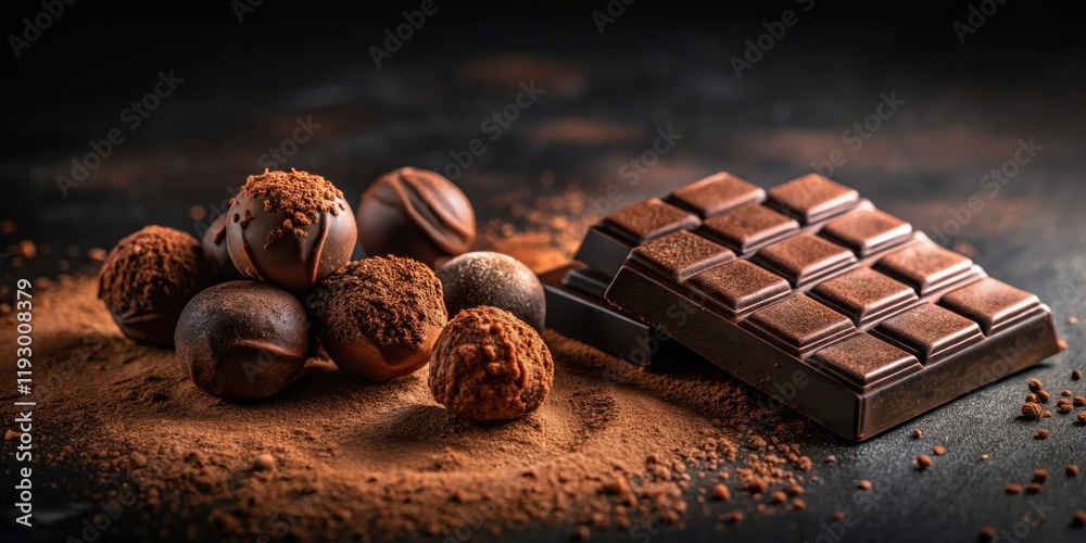 Poster dark chocolate truffles and bar resting on cocoa powder