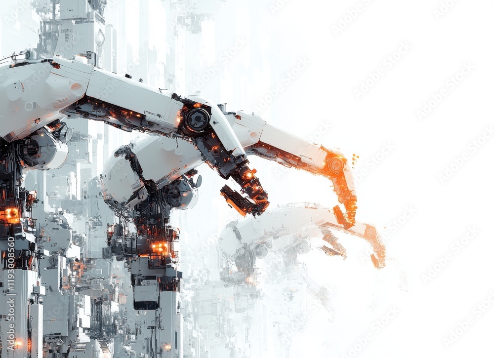 Poster Futuristic Industrial Robots Engaging in Advanced Automation Process in a High-Tech Environment with Glowing Interfaces and Abstract Background