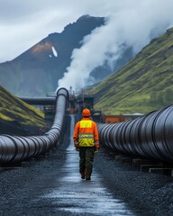 Obraz premium A worker walking past large pipes carrying hot water from a geothermal power plant in Iceland, showcasing renewable energy and geothermal technology in an industrial setting