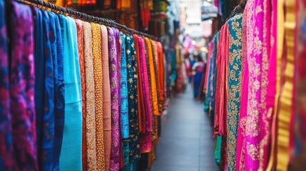 Vibrant Indian Market with Colorful Textiles and a Shopper in the distance