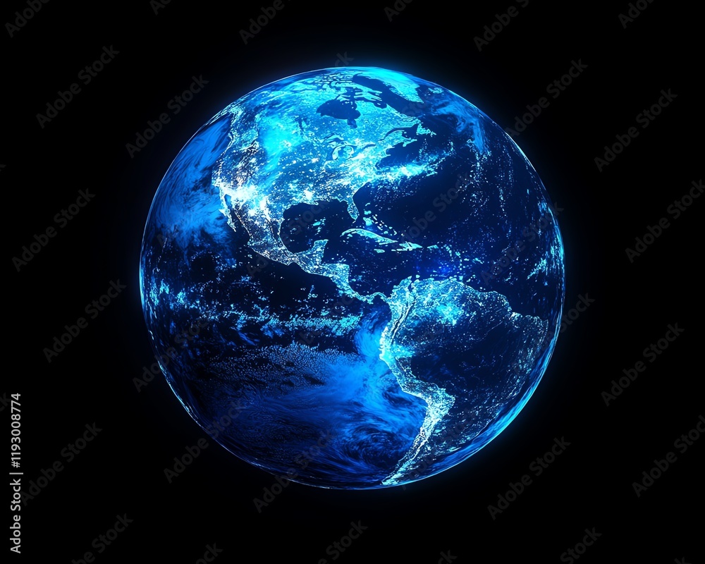 Poster Digital abstraction of Earth with a blue global network, symbolizing the concept of worldwide connectivity, digital infrastructure, and technological advancement