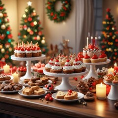 Fototapeta premium A Christmas dessert table with festive treats , festive baking, Christmas desserts