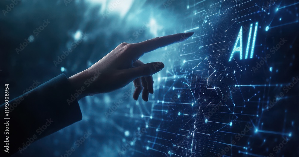 Poster futuristic interaction with digital display representing data technology and innovation, human touch