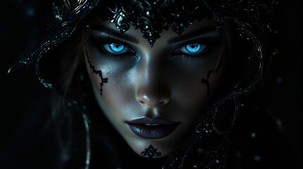 Mysterious woman with glowing blue eyes