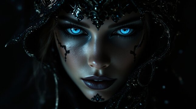 Mysterious woman with glowing blue eyes