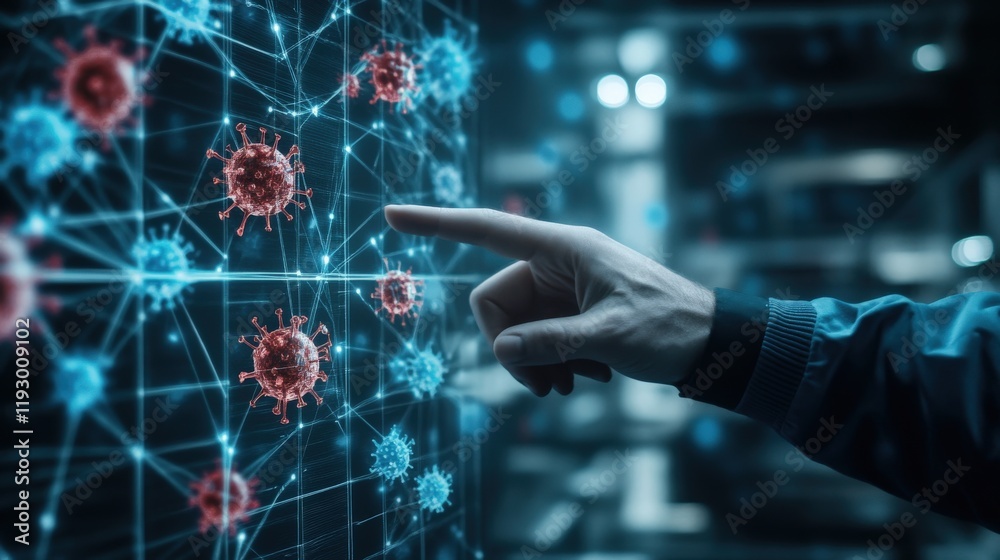 Poster A Close-Up of a Hand Pointing at a Data Visualization of Virus Structures on a Digital Screen Representing Modern Scientific Research and Technology