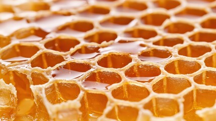 Close up of honeycomb with honey cells being harvested by a local beekeeper in an organic farm setting
