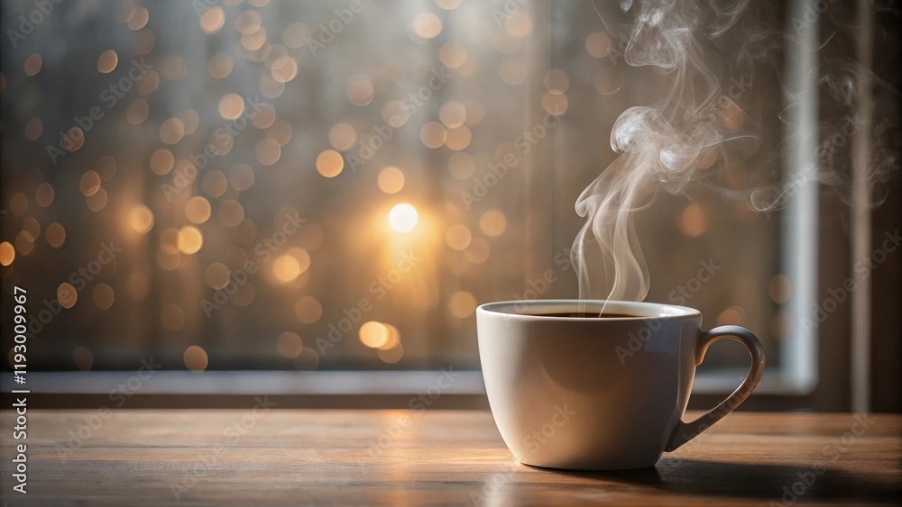 Aufkleber warm, comforting beverage in a mug on a wooden surface near a window with a blurred bokeh background