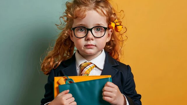Precocious Pupil: A portrait of a young girl with vibrant red curls, wearing glasses and a business suit, holding folders.