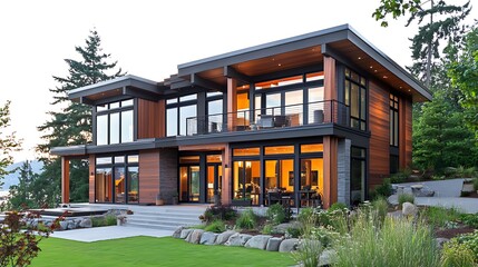 Fototapeta premium A modern house with a wooden exterior, large windows, and a stone pathway leading up to it. The house is surrounded by a well-manicured lawn and mature trees in the background.