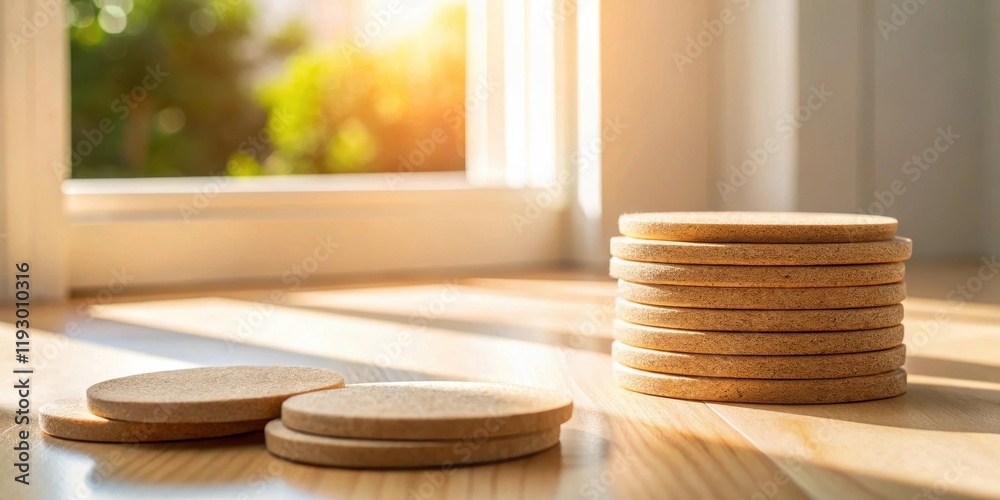 Poster sunlight illuminates stacks of round cork coasters on a wooden surface near a window