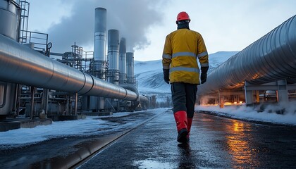Naklejka premium Geothermal power plant worker walking alongside large pipes carrying hot water, in Iceland, showcasing geothermal energy s role in sustainable energy production
