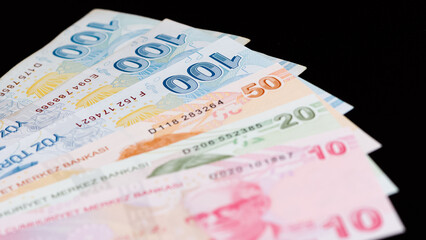 Obraz premium Images of banknotes of various countries. turkish lira photos.