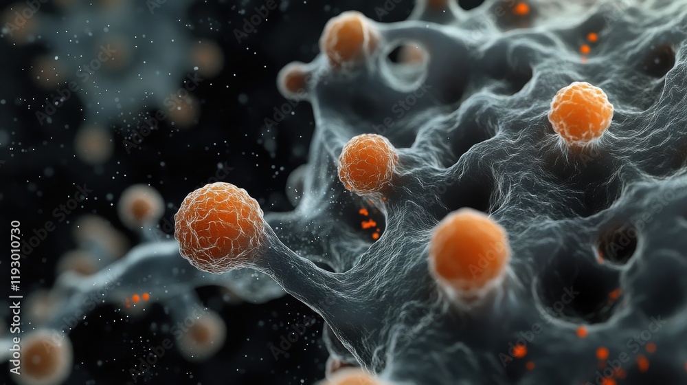 Poster Abstract Microorganism Cluster with Orange Spheres Set Against a Dark Background, Representing Cellular Structures and Biological Activity in a High-Definition Close-Up