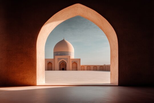 A simple geometric interpretation of Khiva Ichan Kala, with its iconic mud-brick walls and minarets represented by bold earthy tones