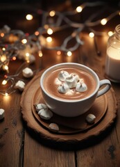 Obraz premium A plate of treats including a cup of hot chocolate on a wooden table with marshmallow toppings and twinkling fairy lights , fairy lights, bokeh